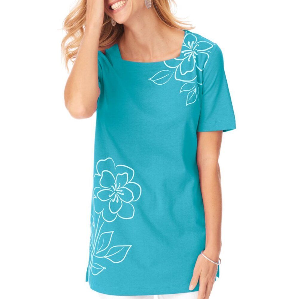 NEW Plus Sz 3X Casual or Dress Bright Blue Square Neck Soft Tunic Shirt BLAIR
